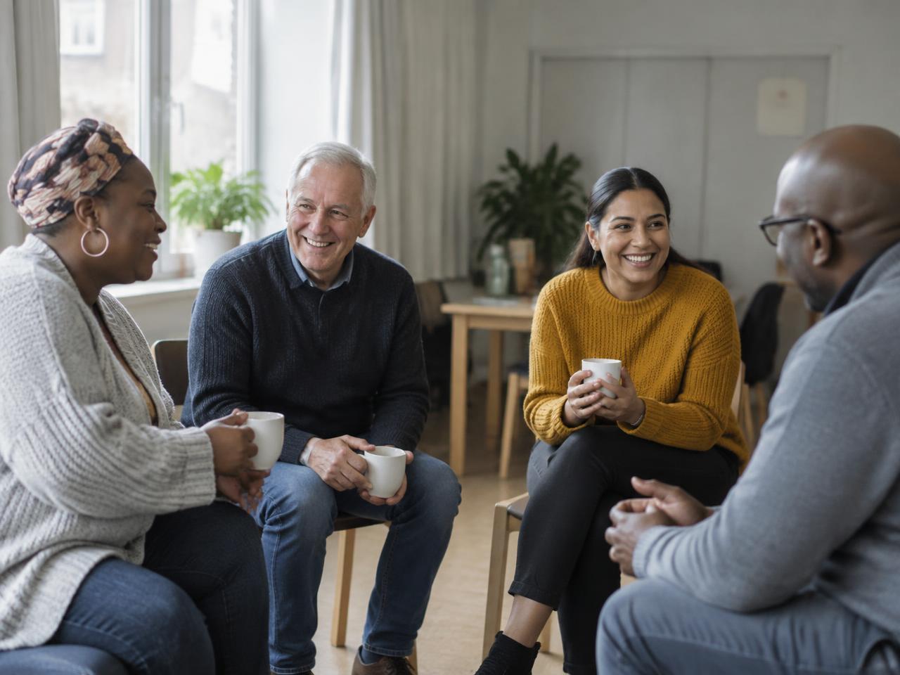 Pessoas conversando sentadas em círculo em uma sala clara